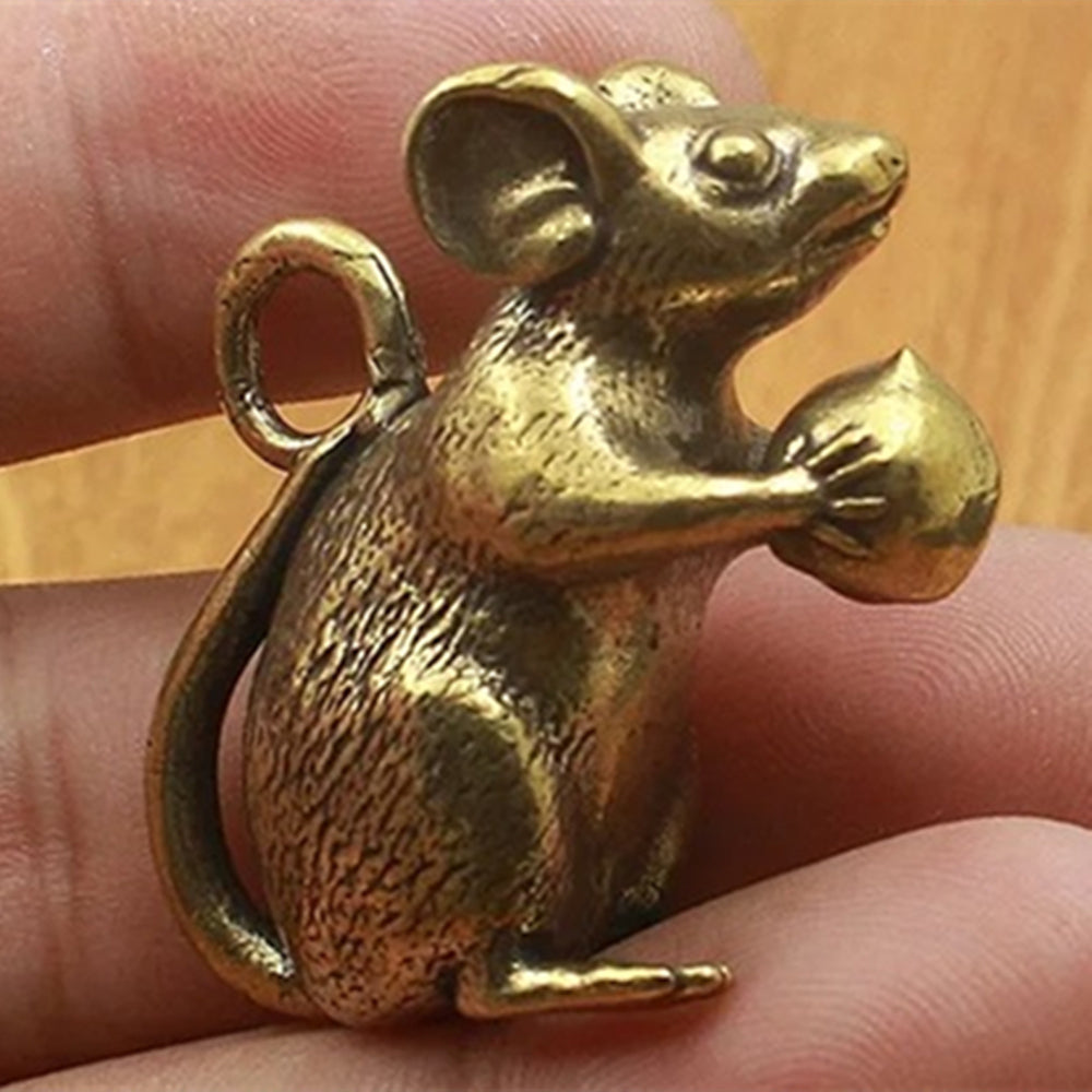 Solid Copper Cute Mouse with Peach Trinket Vintage Bronze Figurines