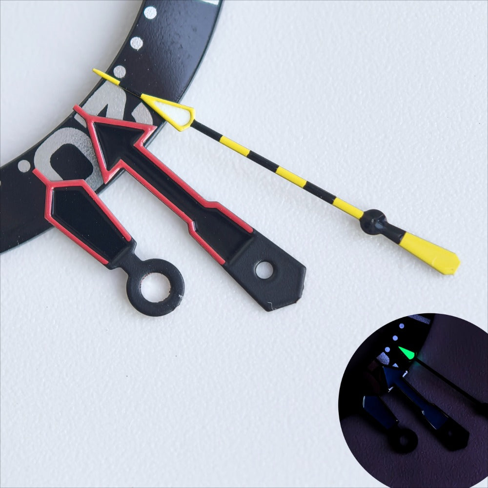 Red Trim Black Painted Yellow Second Green Lume Watch Hands for NH35/36 Movement