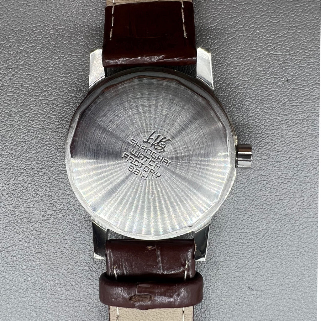 36mm Shanghai 8120 Manual Mechanical Brown Strap Watch 17 Jews White Dial
