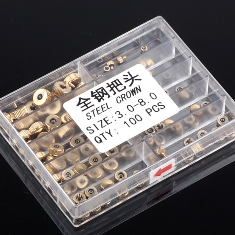 100pcs 3-8mm Golden Stainless Steel Quartz Watch Crowns Kit Sets