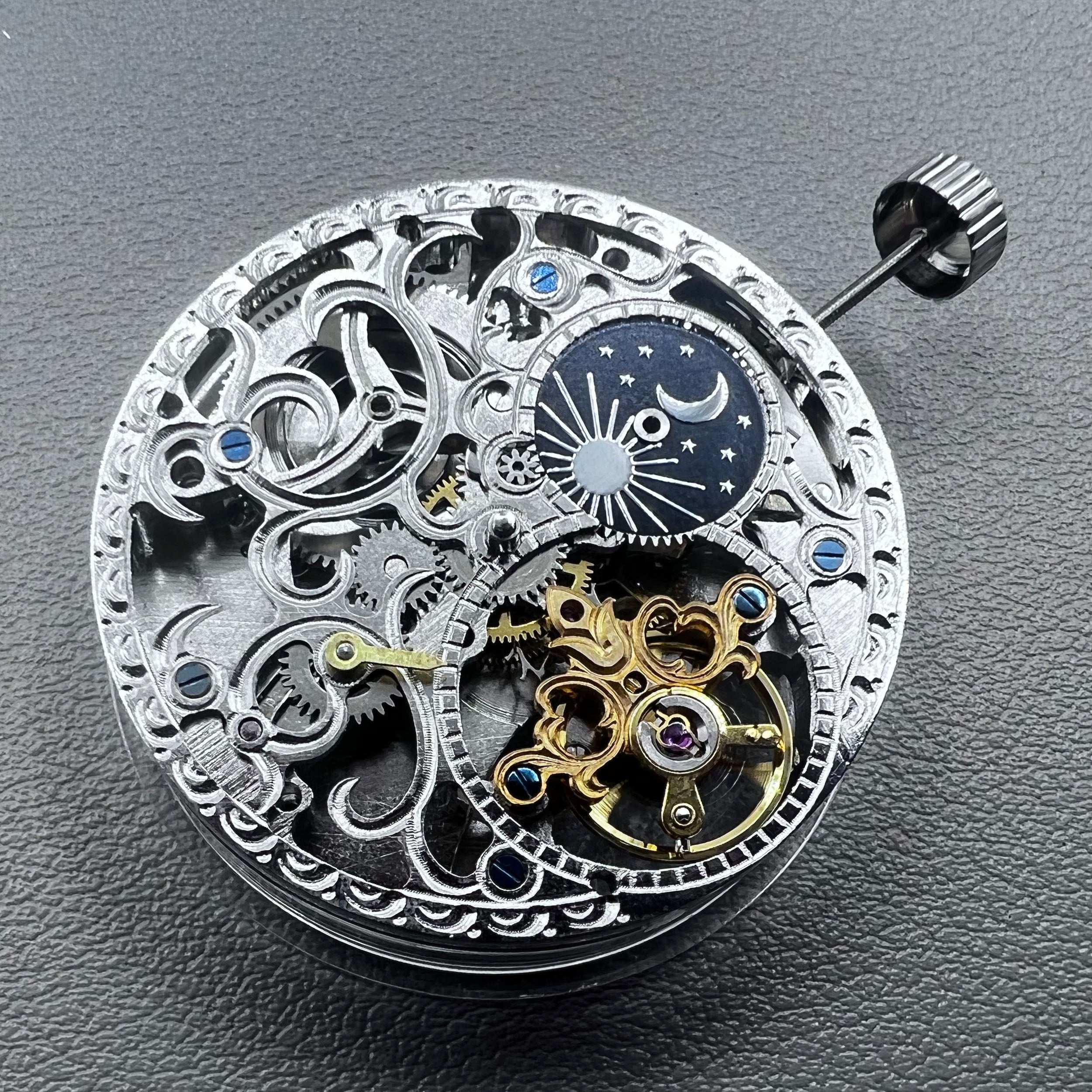Silver Hollow Mechanical Movement Big Flywheel Moonphase@3