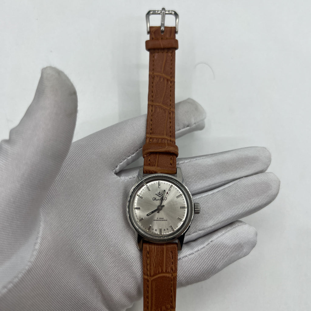 32mm Light Brown Chunlan Manual Mechanical Watch 17 Jews Silver Dial Silver Nail