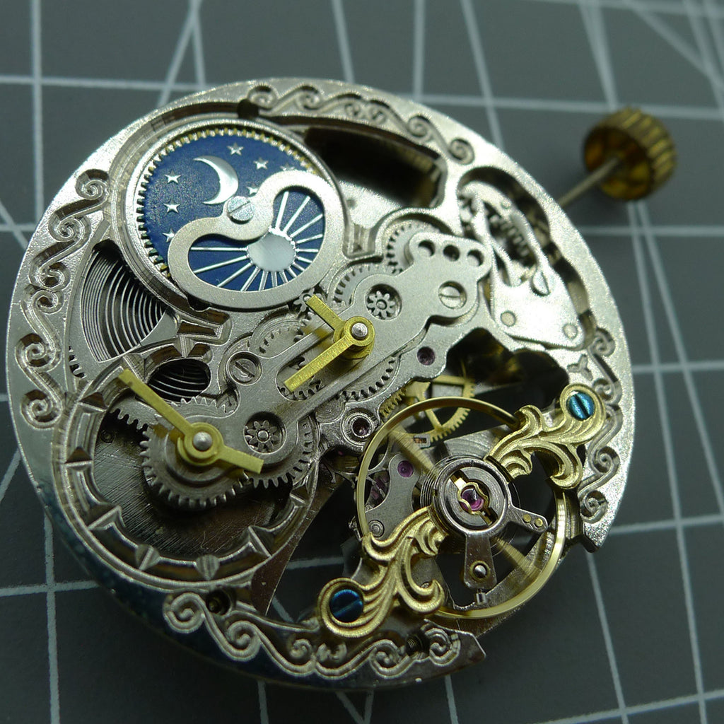 Automatic Mechanical Movement Silver 3 Hands Hollow Moon Phase@12