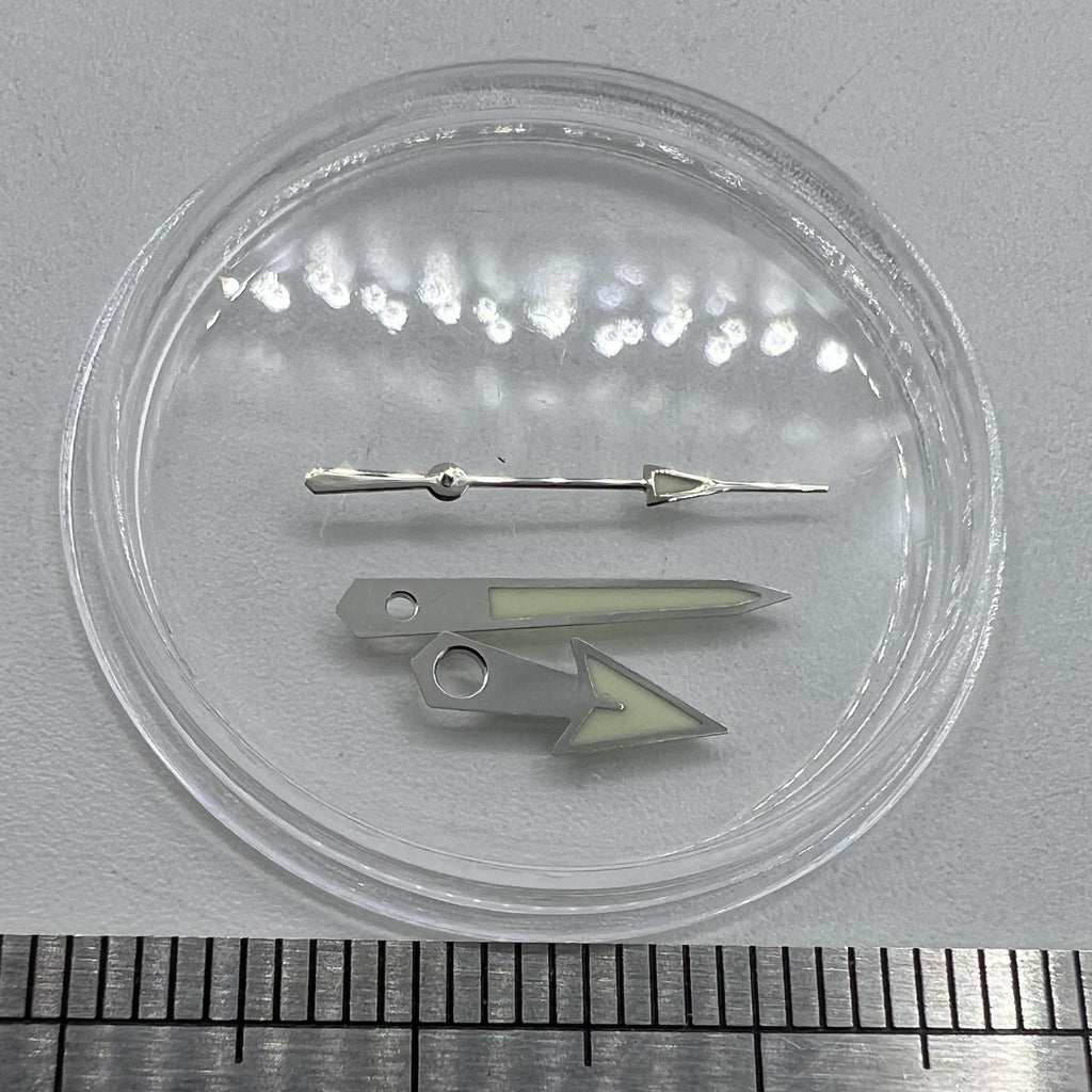 Watch Hands Green Lume Arrow Shape Silver Trim 12mm for Miyota NH35/NH36/NH38