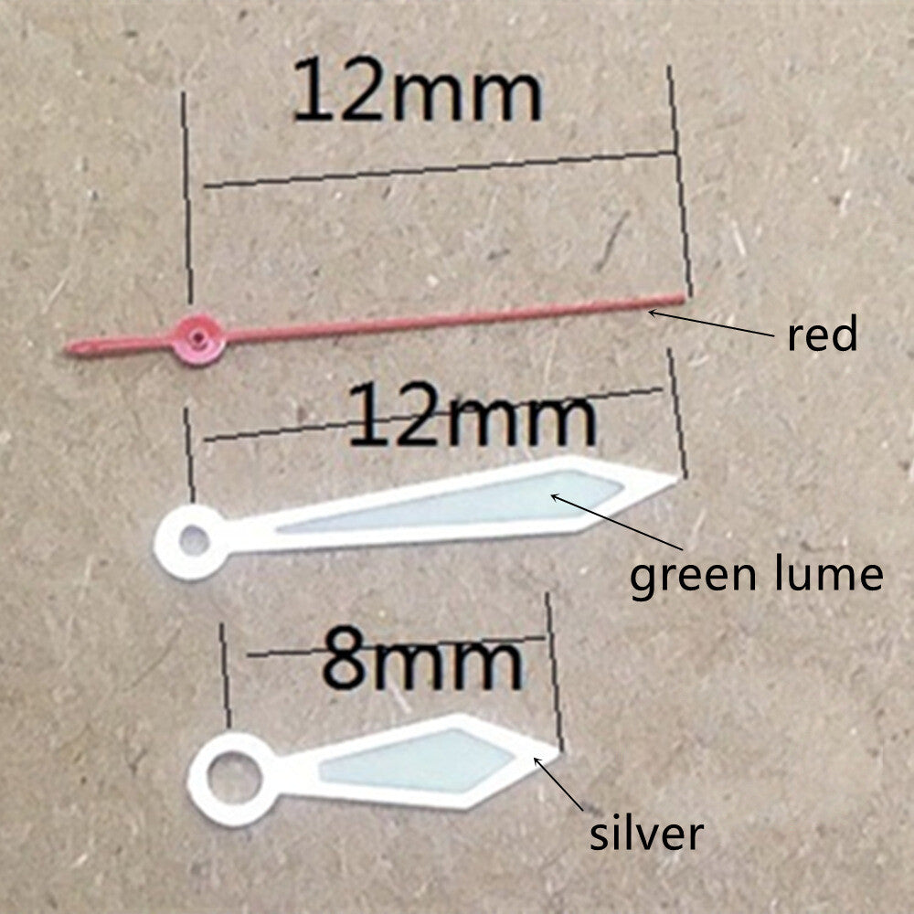 2 Sets/Pack Silver Trim Red Second Hand Green Lume Hands for Miyota 1M12