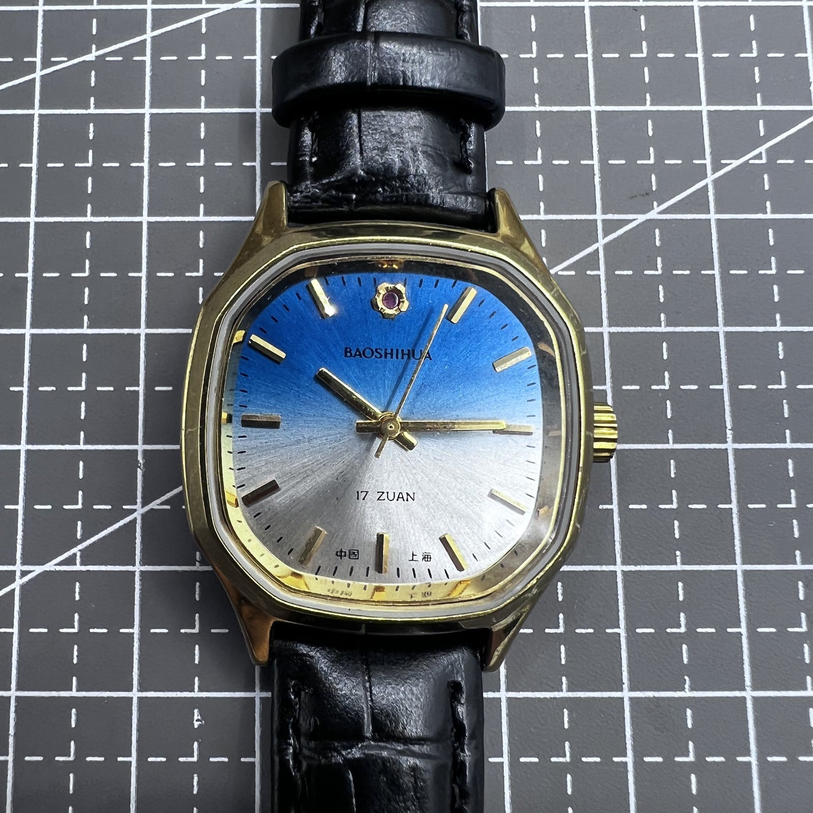 Shanghai 33mm Manual Mechanical Watch Golden Nail Blue Dial Square Case 17 Jews