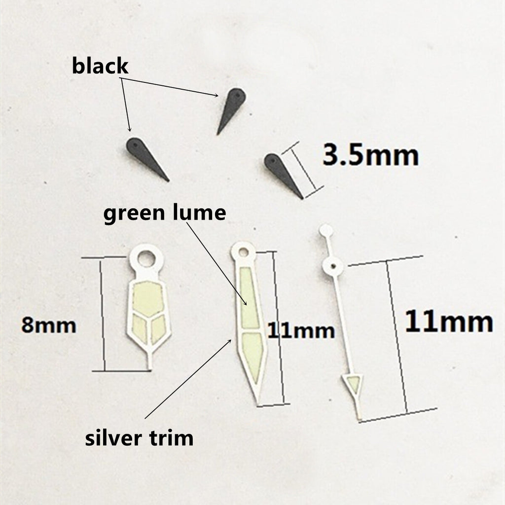 2 Sets/Pack 11mm Black Small Second Hands Silver Trim Hands for VD53 VD54 VD57