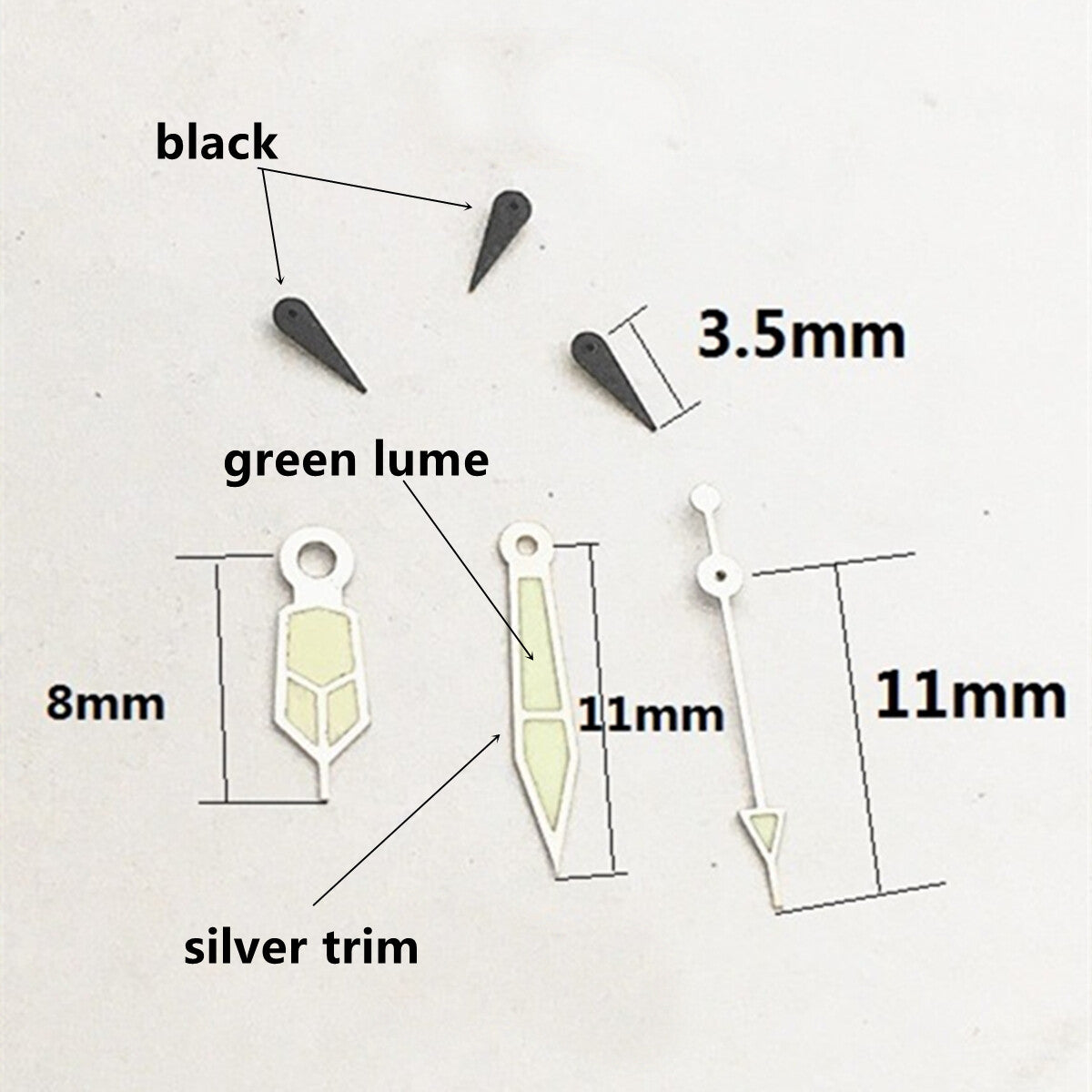 2 Sets/Pack 11mm Black Small Second Hands Silver Trim Hands for VD53 VD54 VD57