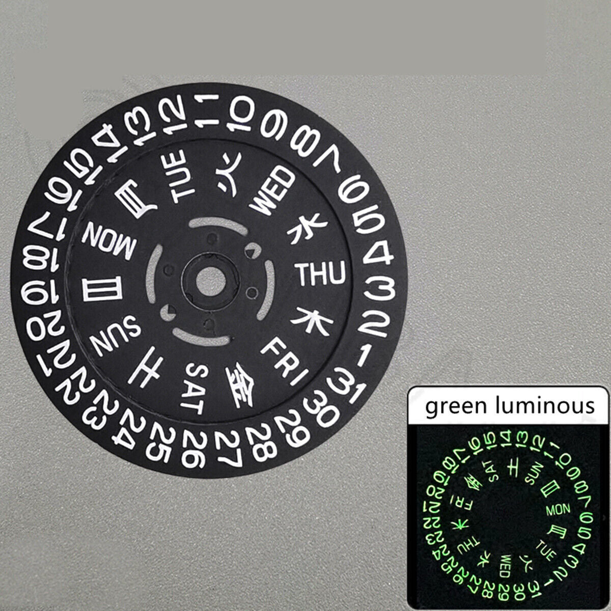 Green Lume Black Date Disk Wheel Week Wheel for Movement NH36 Date at 3.8