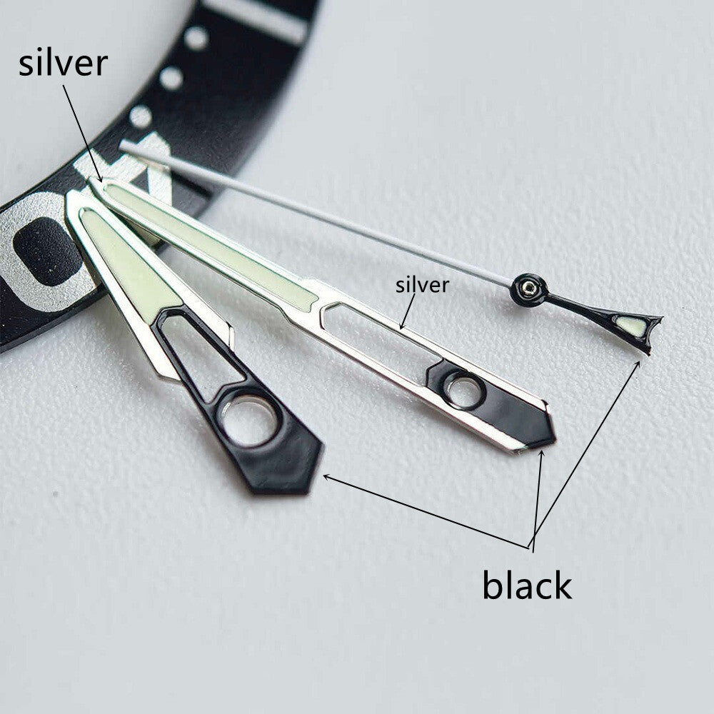 13mm Silver+Black Trim Hollow Green Lume Watch Hands for NH35 NH36 Movement