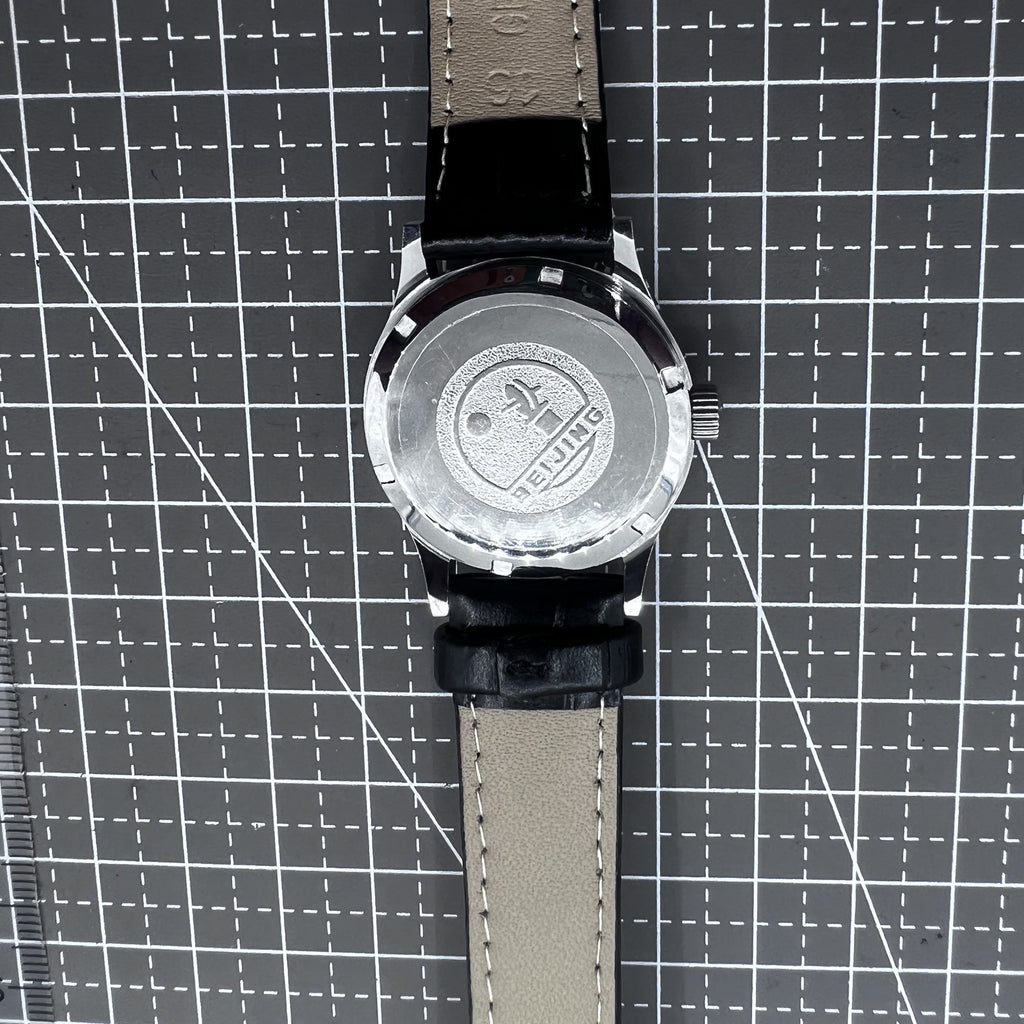 31mm Beijing Double Rhomb Black Strap Mechanical Watch 3 Hands Silver Case