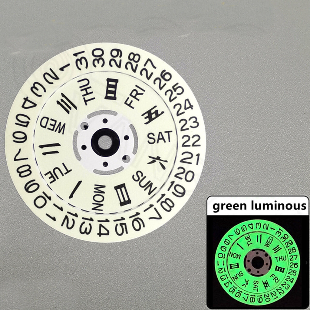 White Date Disk Wheel Week Wheel Green Lume for Seiko Movement NH36 Date@3.8