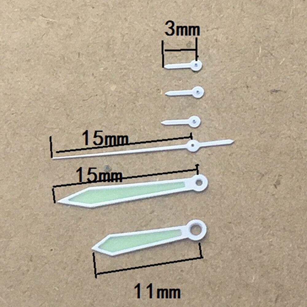 15mm 6 Hands White Trim Green Lume Watch Hands Set for Movement ISA 8172 Quartz