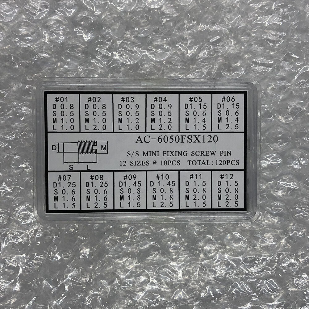 AC-6050FSX120 S/S Mini Fixing Screw Pins 12 Sizes @10pcs Total: 120PCS/Box