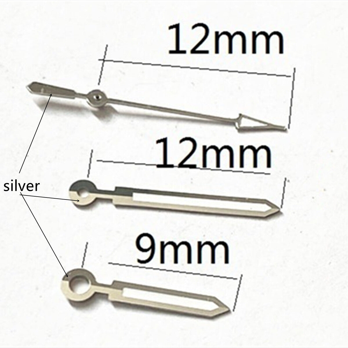 12mm Silver Trim Arrow Shape Lume Watch Hand for Miyota 2315 2035 2036 2115 2305