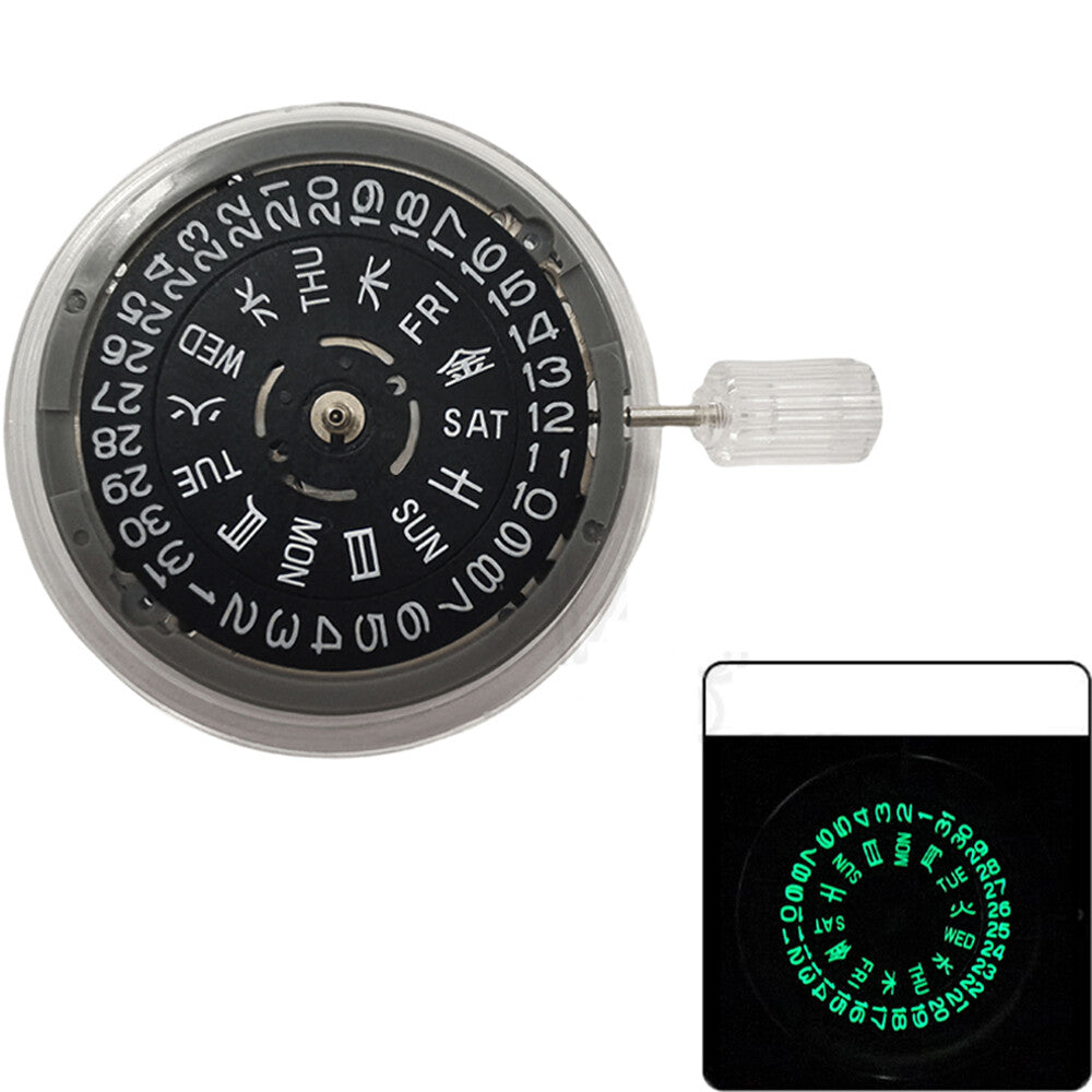 Seiko NH36A Black Automatic Mechanical Movement Green Lume 3.8 Crown Position