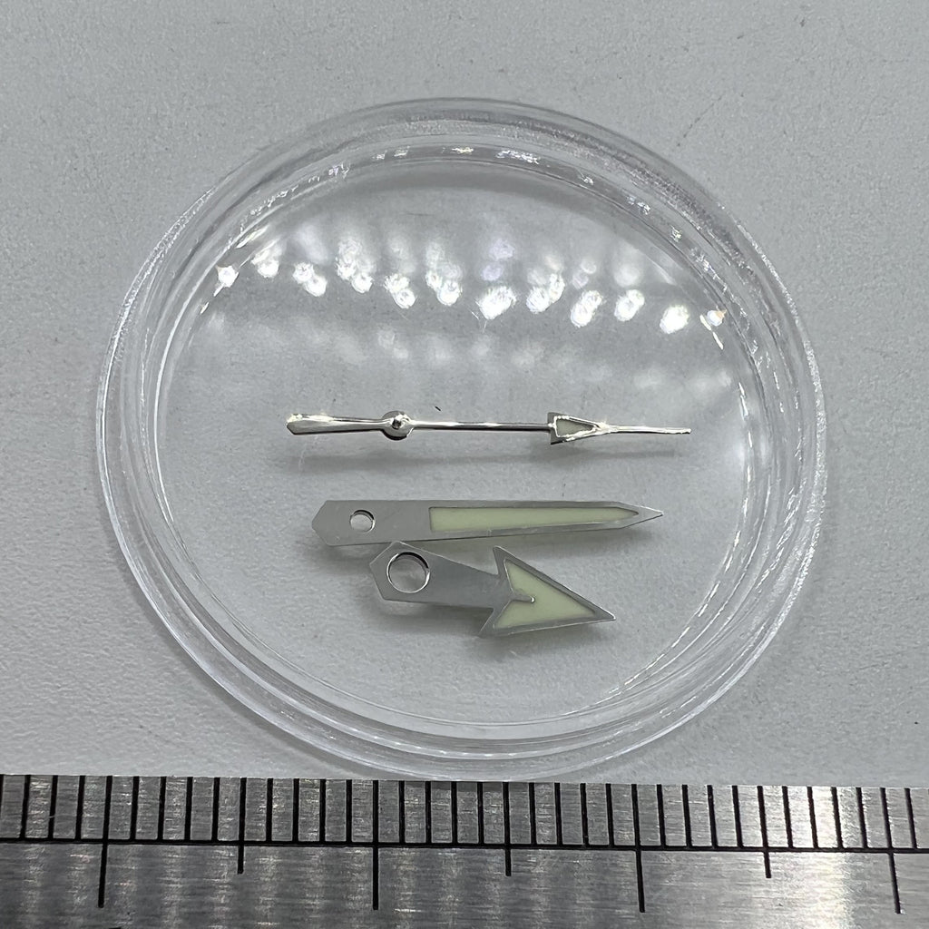Watch Hands Green Lume Arrow Shape Silver Trim 12mm for Miyota NH35/NH36/NH38
