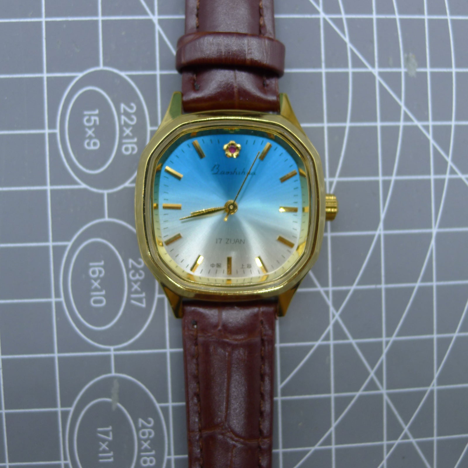 33mm Shanghai Manual Mechanical Watch Golden Nail Blue Dial Square Case 17 Jews
