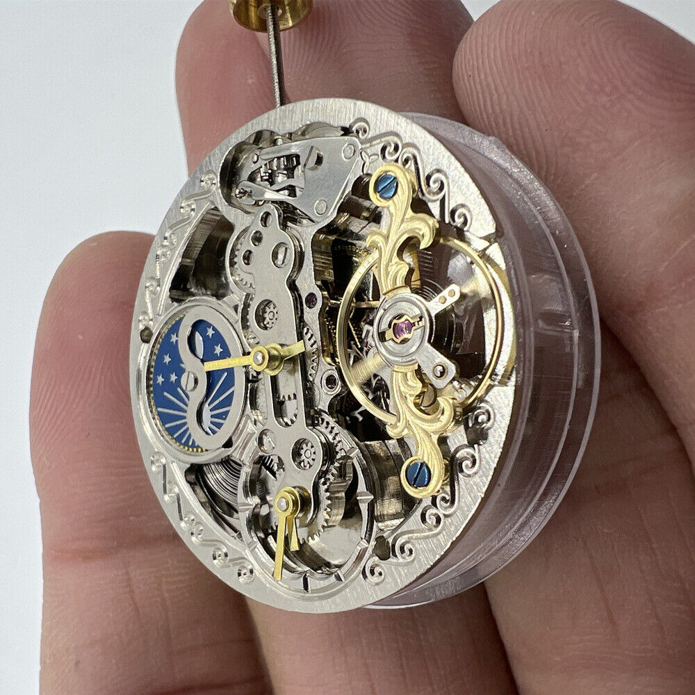 Automatic Mechanical Movement Silver 3 Hands Hollow Moon Phase@12