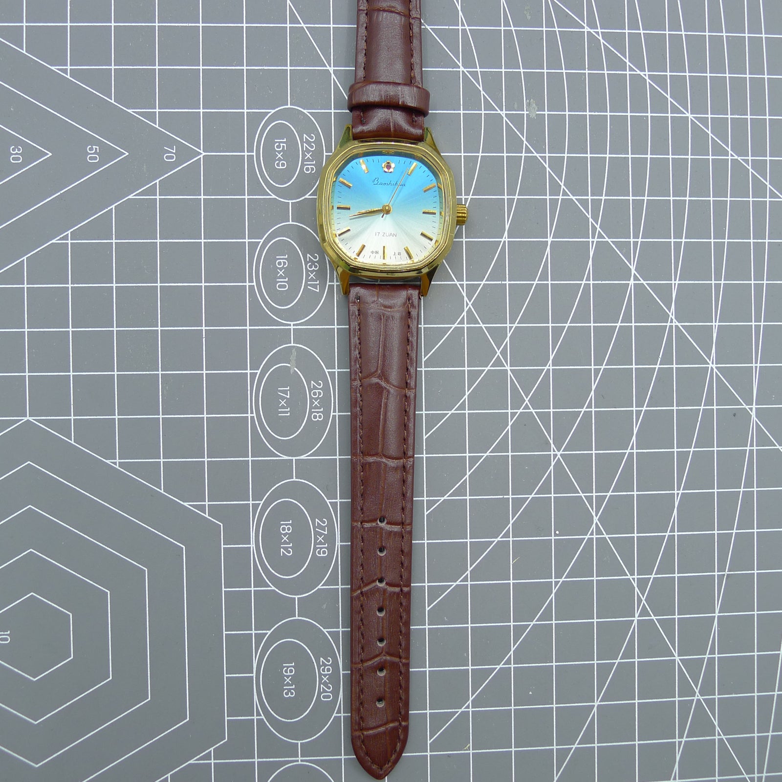 33mm Shanghai Manual Mechanical Watch Golden Nail Blue Dial Square Case 17 Jews