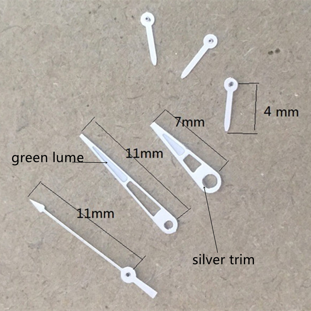 2 Sets/Pack 11mm Pointed Silver Trim Green Lume Hands Set for VD53 VD54 VD57