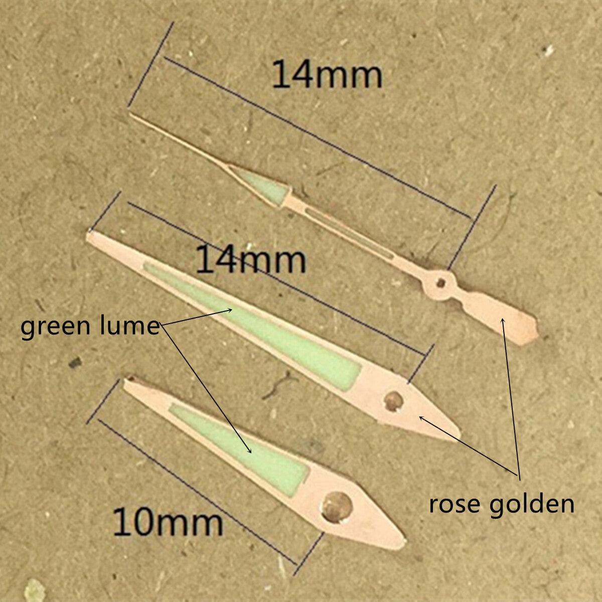 14mm Rose Golden Trim Arrow Shape Green Luminous Watch Hands for ISA 2331