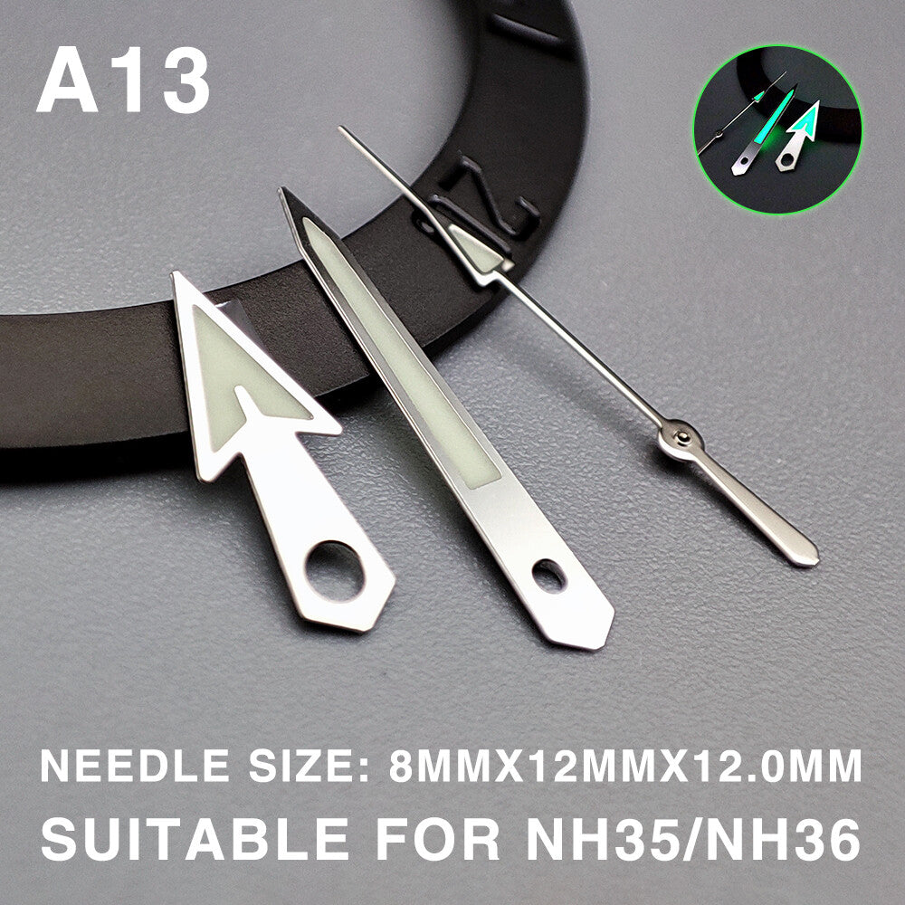 Watch Hands Green Lume Arrow Shape Silver Trim 12mm for Miyota NH35/NH36/NH38