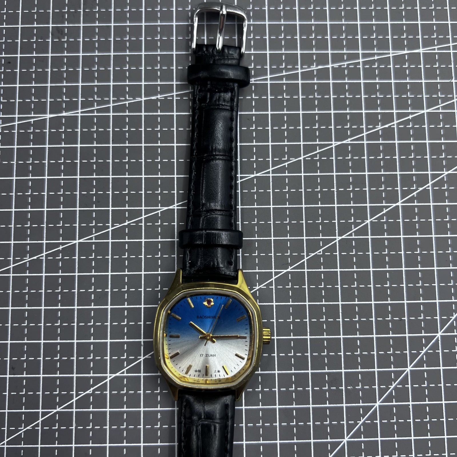 Shanghai 33mm Manual Mechanical Watch Golden Nail Blue Dial Square Case 17 Jews