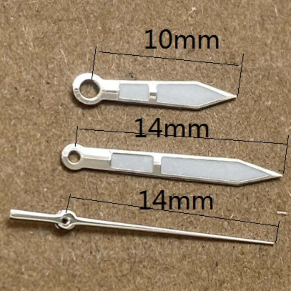 2 Sets/Pack Green Lume Silver Trim Watch Hands 10x14x14mm for Ronda 515 Movement