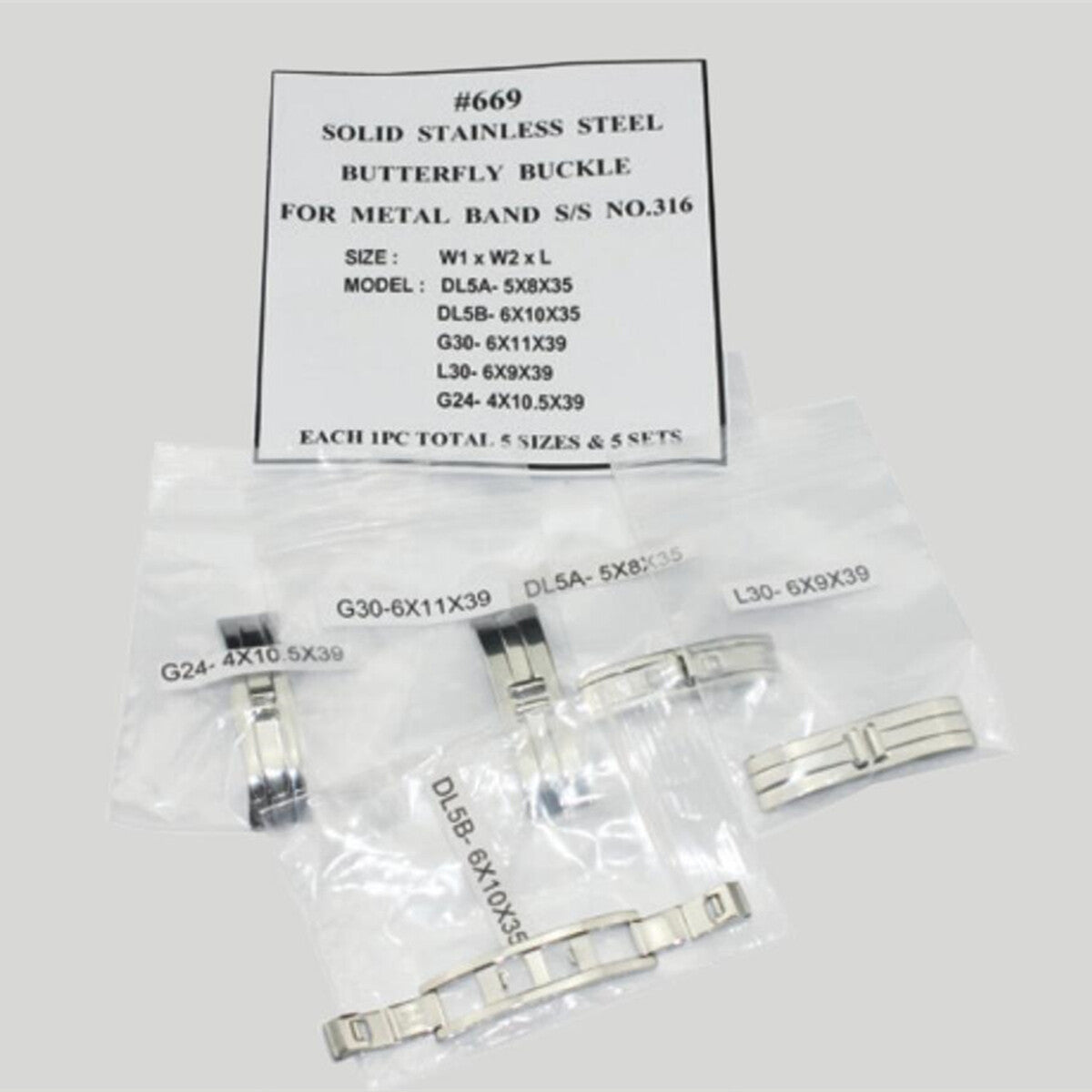 5 Sets 5 Sizes Solid 316 Stainless Steel Butterfly Buckle for Metal Watch Band