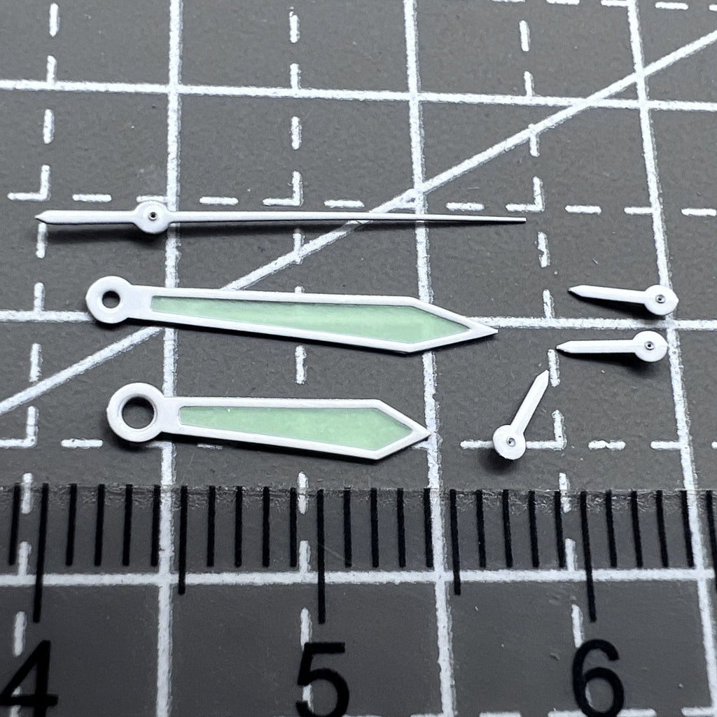 15mm 6 Hands White Trim Green Lume Watch Hands Set for Movement ISA 8172 Quartz