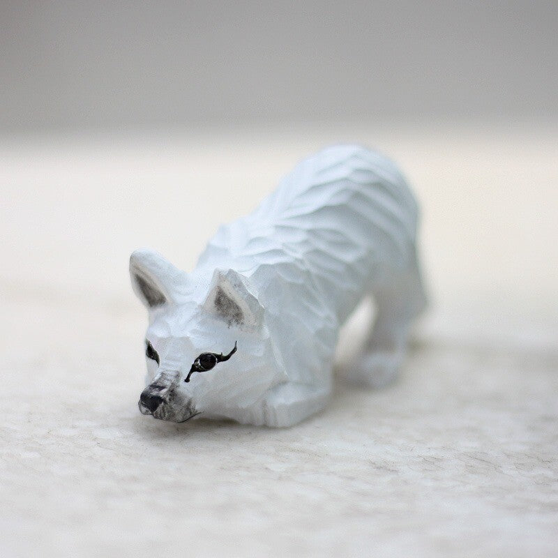 Handmade Bowing White Fox Wooden Figurine Sculpture Decorative Collectible