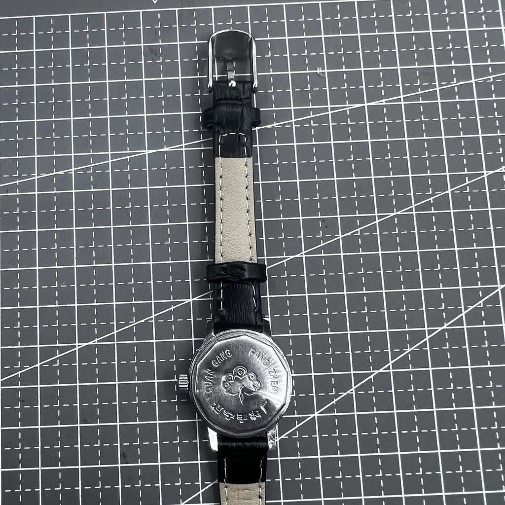27mm Kongque Black Strap Manual Mechanical Watch 19 Jews Silver Dial Golden Nail