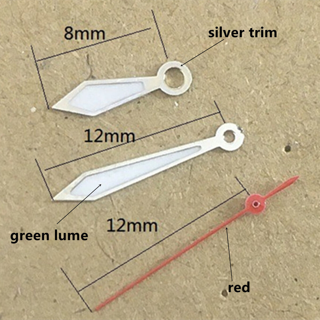 2 Sets 12mm Silver Trim Arrow Shape Green Lume Watch Hands for Miyota 1M12
