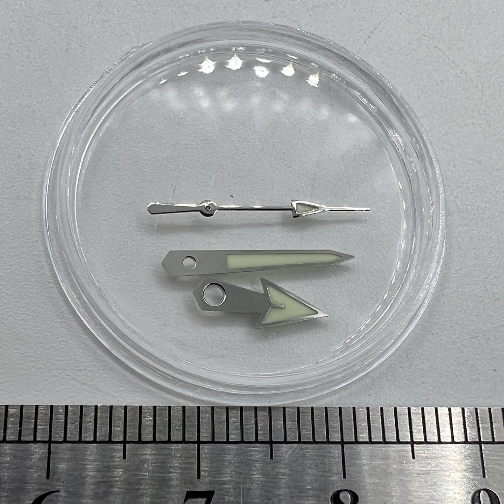 Watch Hands Green Lume Arrow Shape Silver Trim 12mm for Miyota NH35/NH36/NH38