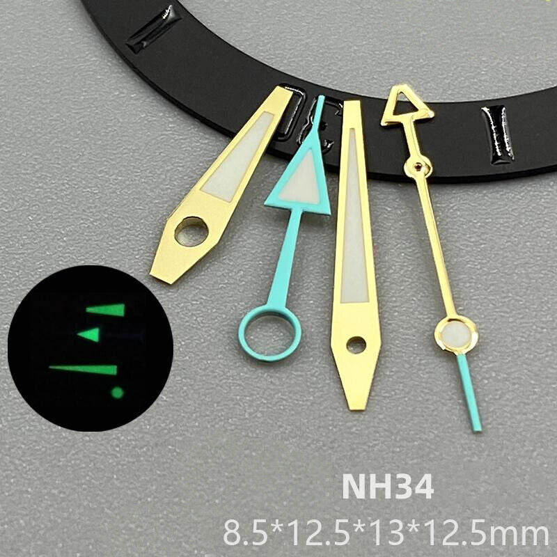 Green Luminous Golden+Light Blue Trim Watch Hands for NH34 Movement Watch Part