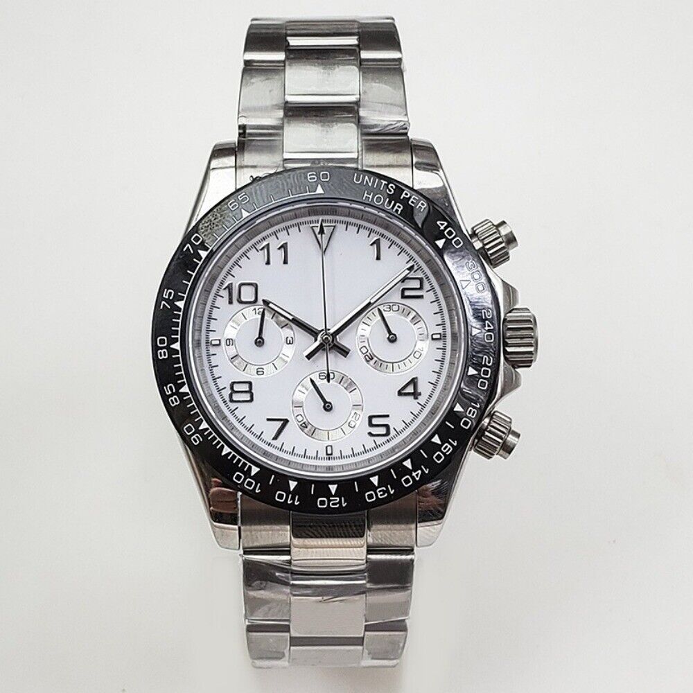 NEW 39mm Sapphire Glass VK63 Chronograph Quartz Watch White Dial Numberal Disk