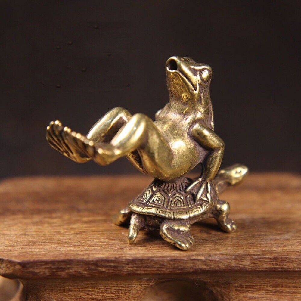 Solid Copper Turtle Backed Frog Trinket Hand Carved Bronze Model Figurines