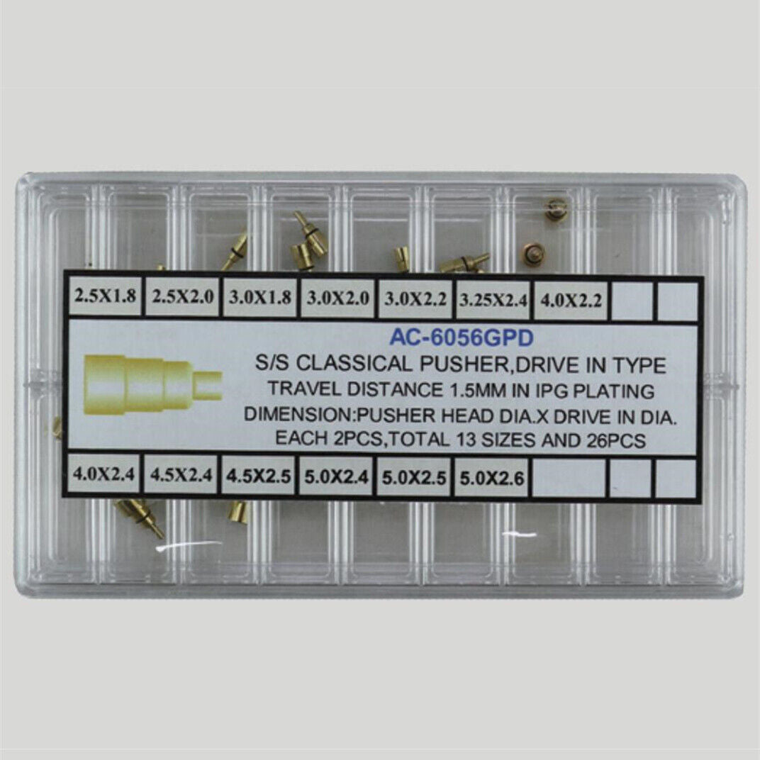 26pcs 13 Sizes Watch Stainless Steel Golden Classical Pusher Drive in Type