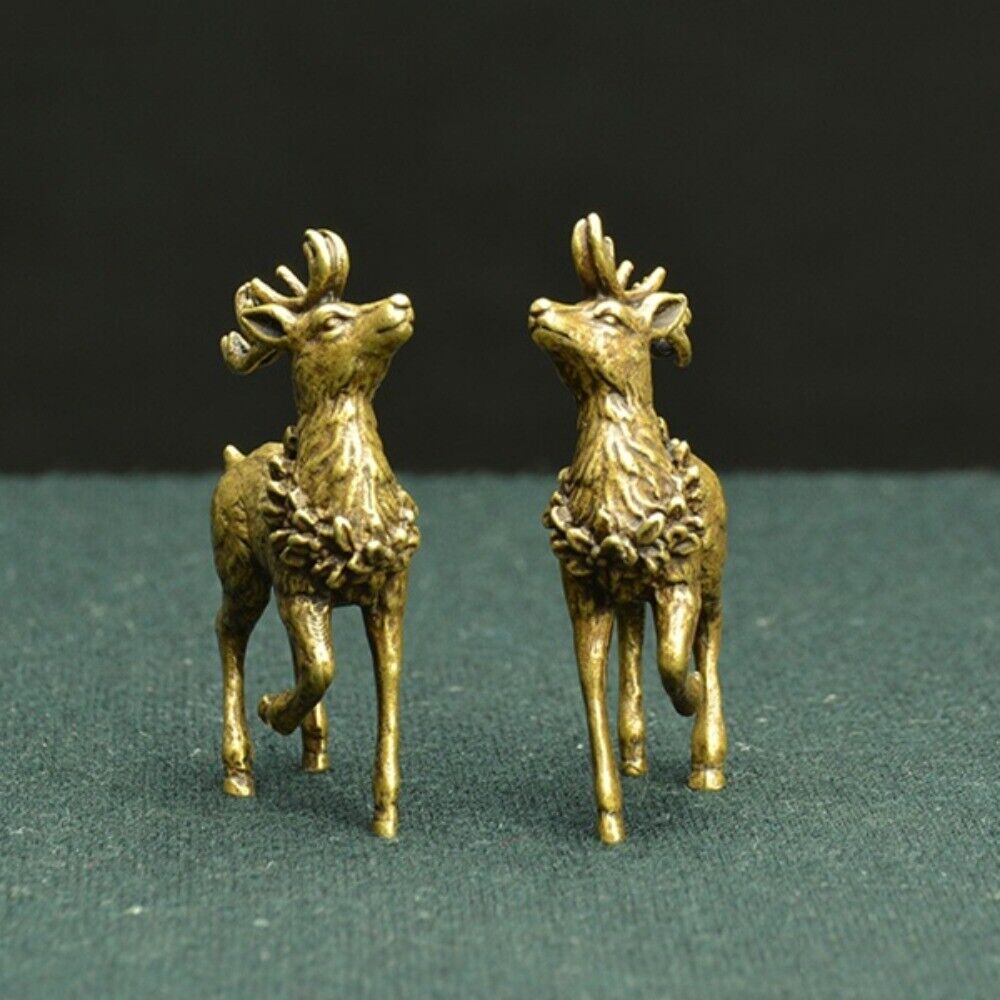 2PCS Copper Sika Deer Male Female Trinket Hand Carved Bronze Model Figurines