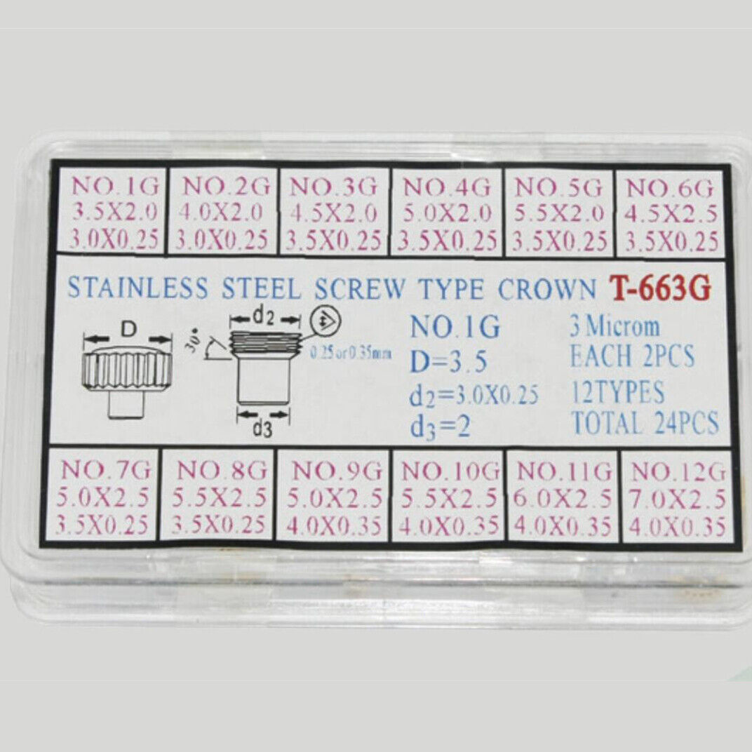 24pcs Stainless Steel Golden Watch Crown Assortment Kit Screw Type Crown
