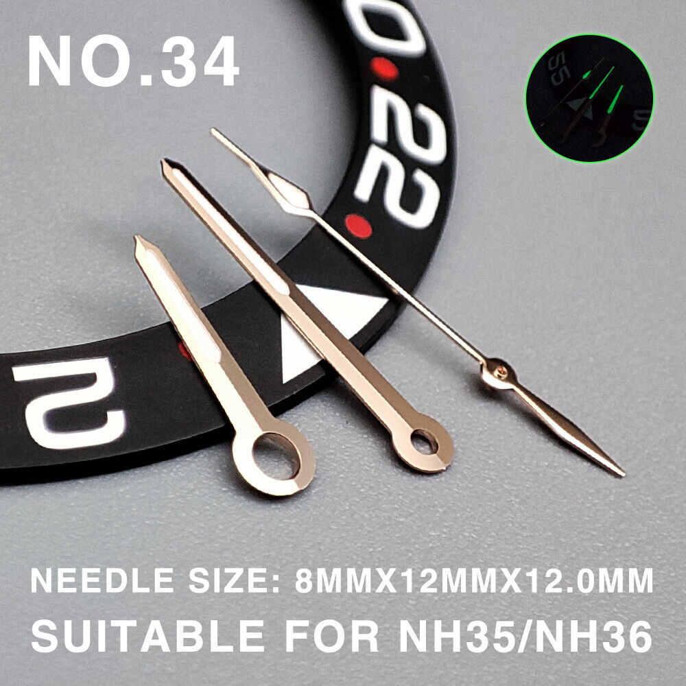 Green Lume Rose Golden Trim 12mm Watch Hands for Miyota NH35/NH36/NH38 Movement