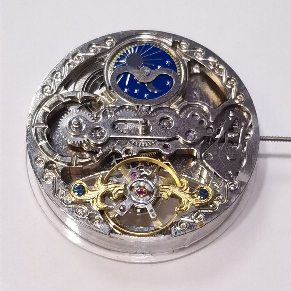 Automatic Mechanical Movement Silver 3 Hands Hollow Moon Phase@12