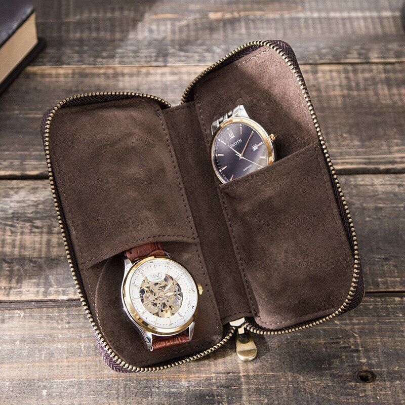 Brown Leather 2 Slot Watch Box Luxury Pouch with Zipper Portable Organizer Bag