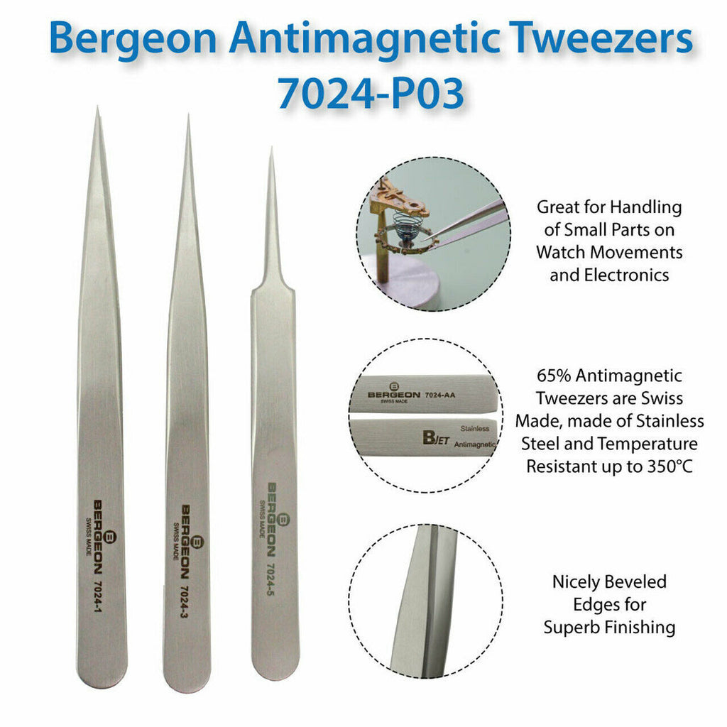 Bergeon 7024 Set of 3 Non Magnetic Tweezers