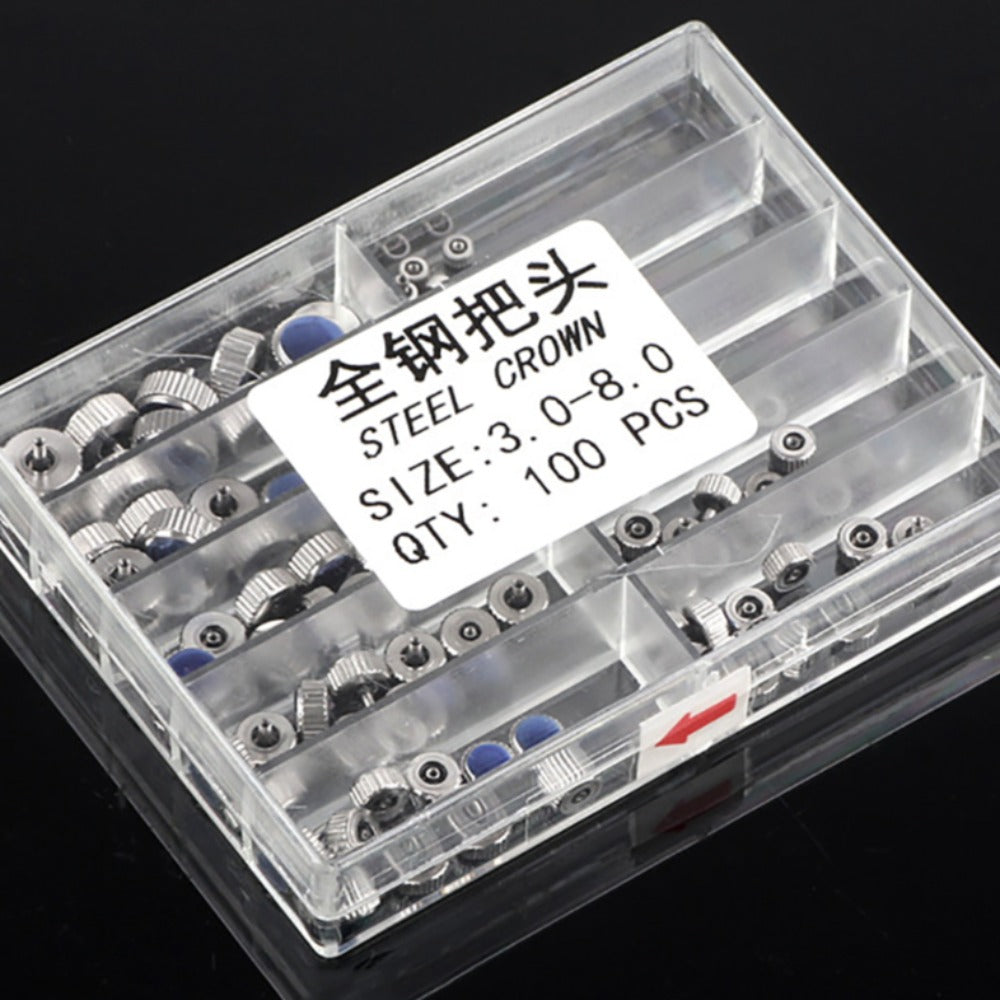 100pcs 3-8mm Silver Stainless Steel Quartz Watch Crowns Kit Set