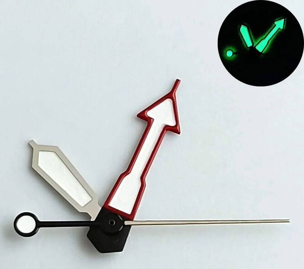Arrow Shape Green Lume Matted Silver+Red Trim Watch Hands for NH35 NH36 NH70