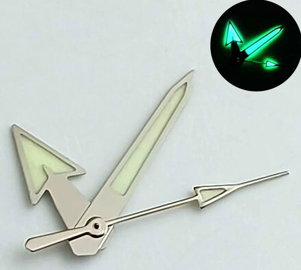 Arrow Shape Green Lume Matted Silver Trim Watch Hands for NH35 NH36 7S26 NH70
