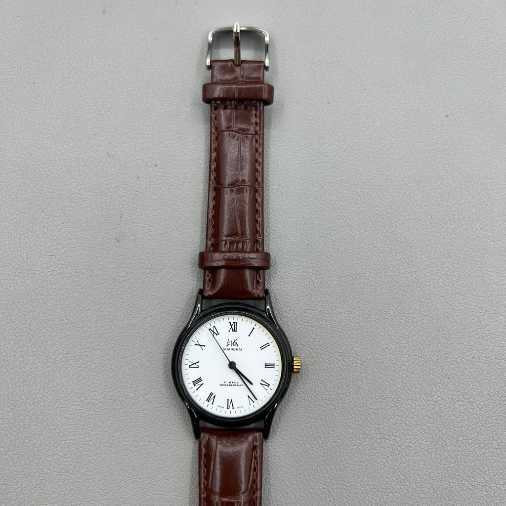 37mm Shanghai Brown Leather Strap Manual Mechanical Watch Roman Numerals 17 Jews