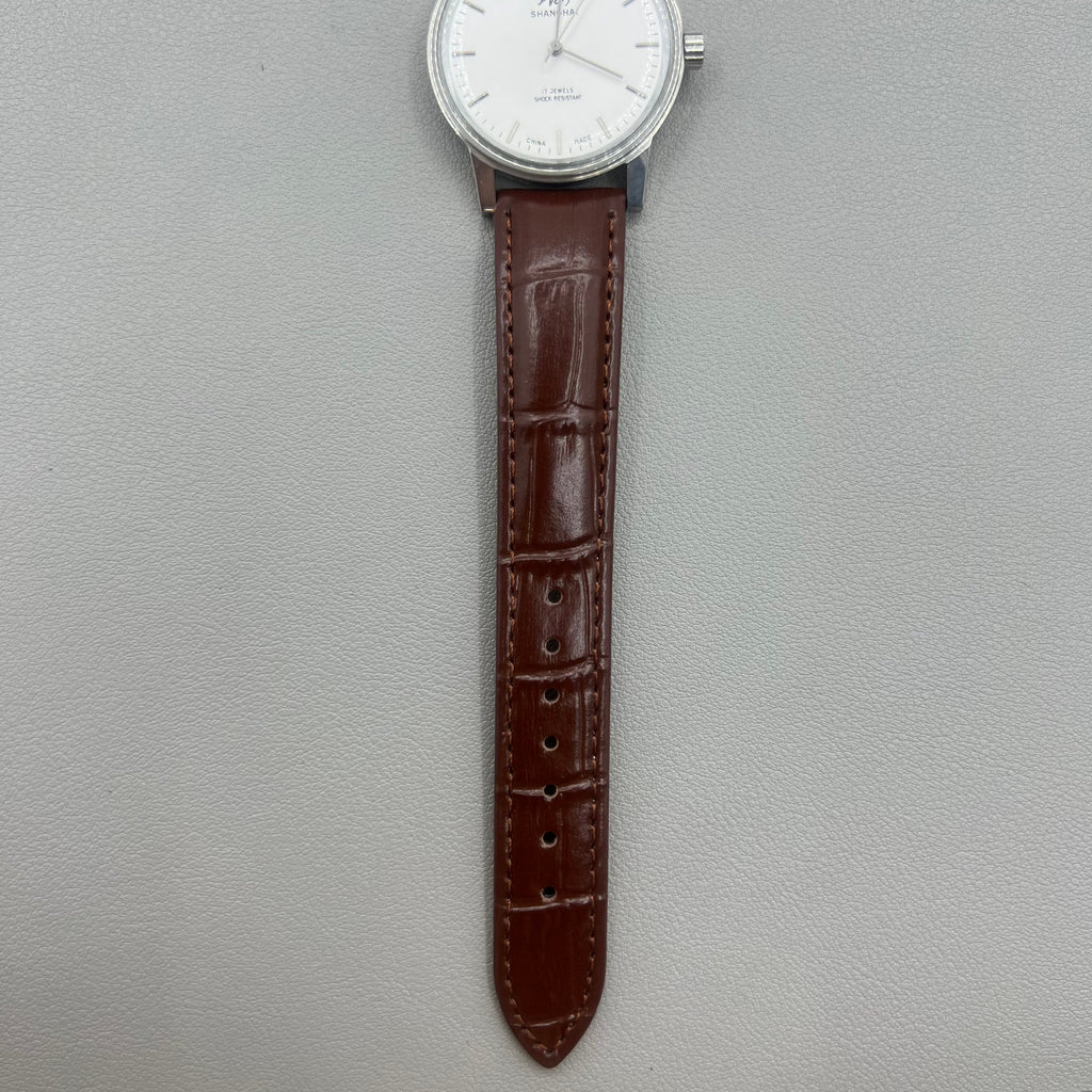 36mm Shanghai 8120 Manual Mechanical Brown Strap Watch 17 Jews White Dial